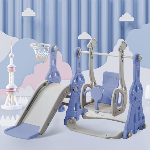 Kinderrutsche 4-in-1, Rutschen für den Innen- und Außenbereich, mit Basketballkorb, Basketball, Schaukel, Rutsche und Kletterleiter, Spielplatz für drinnen und draußen (Blau-2)