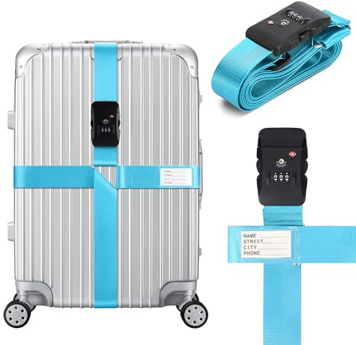 Linpr Kreuz Gepäckgurte, Koffergurte mit TSA-Schloss (Blau) | Verstellbare Kreuzpackgurte, Gepäckgurte mit Namensschildern, Auffälliges und Sicheres Reisezubehör zur Schnell Erkennen