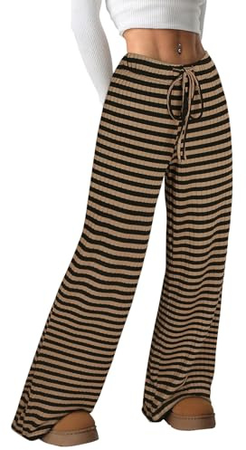 Akiooue Womens Wide Leg Trousers UK Women's Palazzo Casual Loose Striped Trousers Elasticted Waist Stretch Pants with Drawstring 2025 Black and Brown