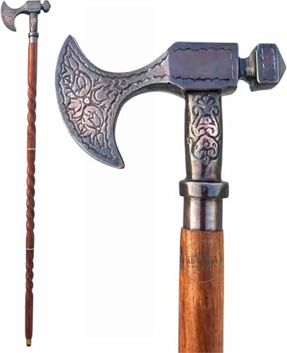 Antique Brass Axe Walking Stick, Carved Wooden Cane with Antique Handle, Red Wood Foldable se Axe Walking Stick for Men and Women Gift.