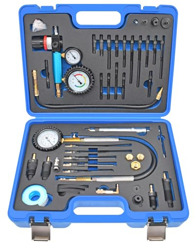 46PCS Compression and Leakage Test Kit Petrol & Diesel Dual Gauge Engine Compression Tester for HDI, TDCi, Pumpe Duse Engine, Automotive Cylinder Leak Down Tester with Dual-Scale Diesel Pressure Gauge