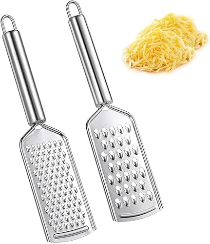 2PCS Kitchen Stainless Steel Cheese Grater with Handle, Durable Handheld Food Grater for Cheese, Chocolate, Carrot, Ginger, Coconut, Nuts