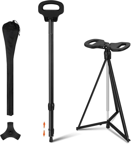 Bastone da passeggio pieghevole portatile e sedile, altezza regolabile, sgabello leggero con treppiede, manico ergonomico per anziani ed escursionisti, base antiscivolo su tutti i terreni