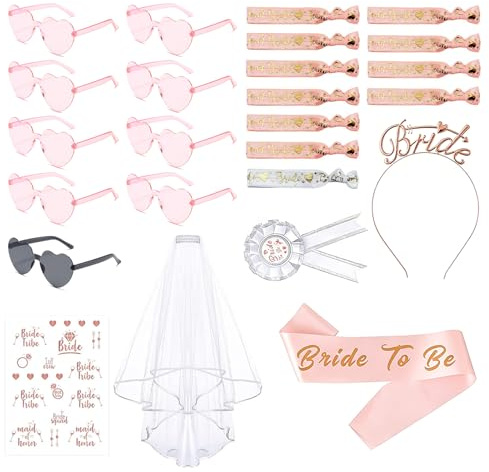 25 Stück JGA Accessoires Frauen Set Brille Team Braut Junggesellenabschied | JGA Frauen Bride to Be Schärpe Kopftuch Herzförmige Frauen Brille Aufkleber Armbänder Bride Haarreif Schleier JGA Deko