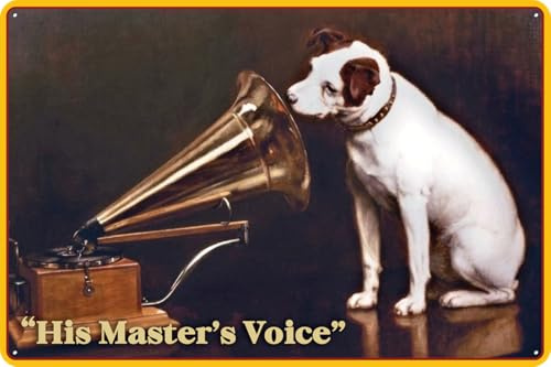 Retro Blechschild, historisches Werbeschild, Musik Label Deko Grammophon Schild – HIS MASTER´s VOICE (30 x 20 cm)