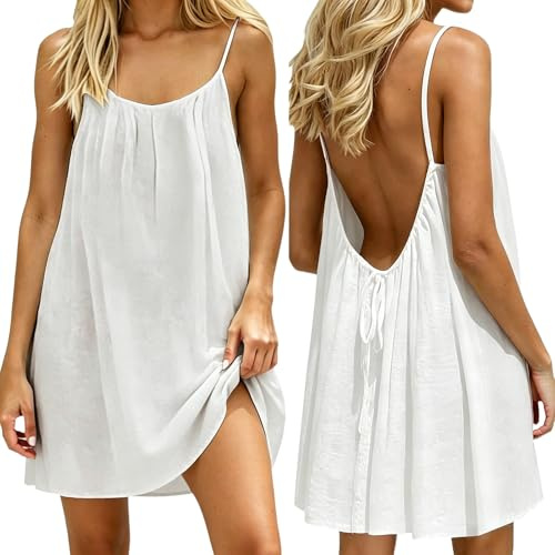 Générique Robe d'été pour Femme - Robe de Plage en Lin - Dos Nu - avec Cordon de Serrage - Robe midi Confortable avec Bretelles Spaghetti - pour Le Salon, Les Vacances et Les Loisirs