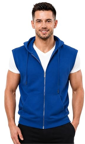 NOROZE Men's Sleeveless Sweatshirt Hoodie Casual Zip-Up Sweatshirt Drawstring Tank Top (XL, Royal Blue)
