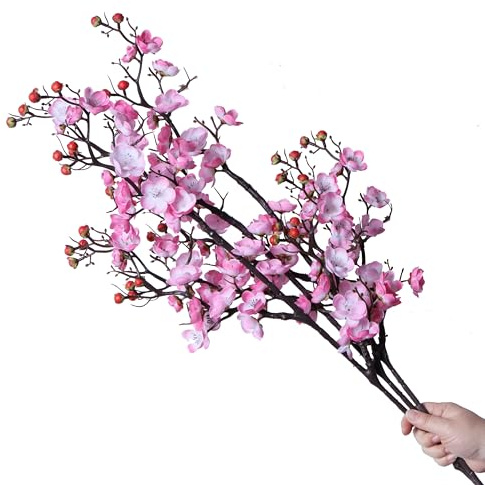 cn-Knight 3 ramas artificiales de cerezo en flor, tallo largo de 37 pulgadas, flor de ciruela de seda con brotes, albaricoque japonés realista para decoración del hogar, centro de mesa, ramo de boda