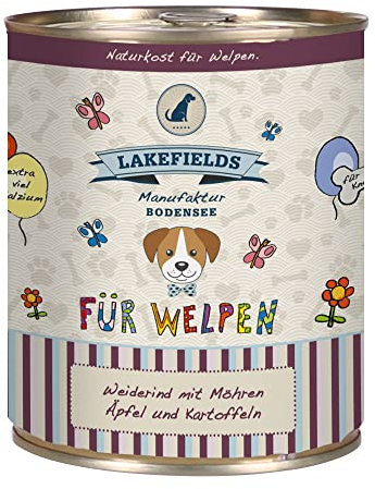 Lakefields Premium Welpenfutter Nass | Rind 61% | 6 x 800g | Getreidefreies Hundefutter für Welpen | Natürliche Zutaten in Lebensmittelqualität | Äpfel, Zucchini & Karotten | Schonend gegart