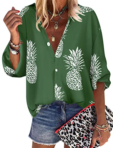 ZXZY Women Pineapple Printed Lapel Collar Half Sleeves Buttons Down Blouse Shirt (Green, Large)