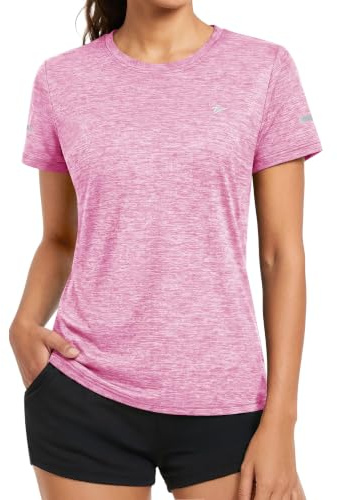 KEFITEVD Melange - Maglietta sportiva da donna, a maniche corte, con strisce riflettenti, traspirante, elasticizzata, scollo rotondo, leggera, ad asciugatura rapida, vestibilità regolare