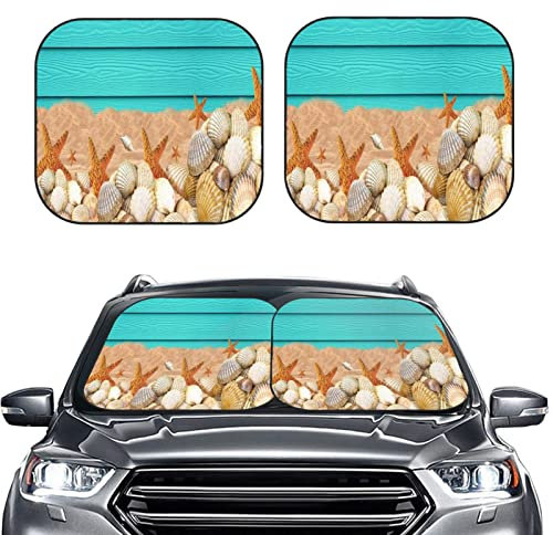 Auto Sonnenschutz Auto Scheibenabdeckung Sommer Auto Zubehör Sonnenschutz 2-teilig 74x60cm mit Aufbewahrungstasche Sonnenschutz Auto Frontscheibe Faltbar Motiv Strandwellen Frontscheibenabdeckung