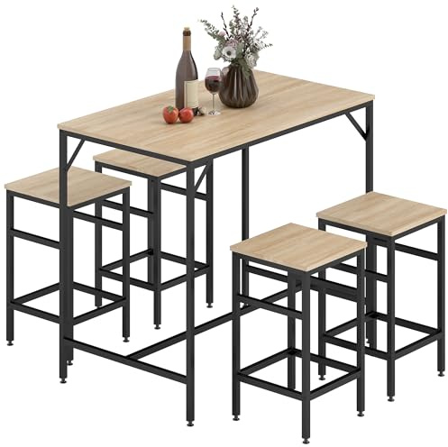HOMCOM Set Tavolo Moderno da Cucina, Tavolo Alto con 4 Sgabelli Stile Industriale, Metallo e Legno, Arredamento Moderno, Soggiorno e Cucina, 100Lx60Px88Acm, Rovere Chiaro