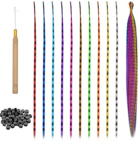 Extensiones de Pelo Plumas, Extensiones Plumas De Cabello, Pelo Pluma Sintético Colores, Kit de Extensión Pelo de Plumas Mechones con Cuentas y Gancho para Mujeres Fiestas (A)