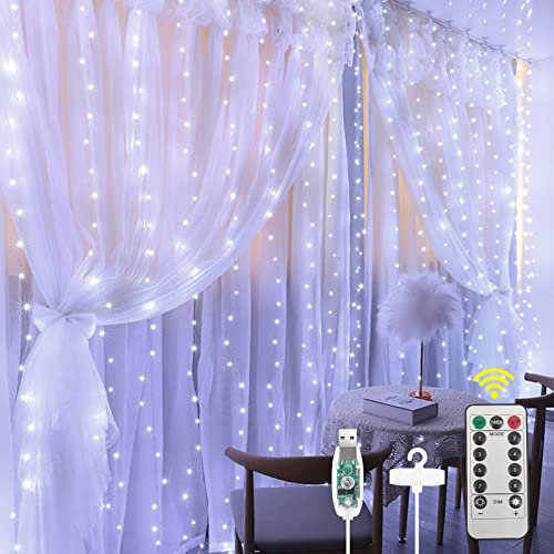 Aomig 3m x 3m 300 LED Curtain Fairy Lights with 8 Modes, Waterproof USB Powered for Indoor/Outdoor Use - Cold White
