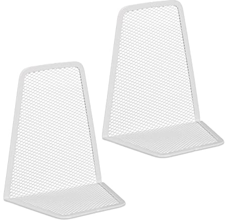 Relaxdays Buchstütze, 2er-Set, modernes Mesh-Design, Bücher und Ordner, Buchhalter HxBxT: 14 x 12 x 9 cm, Metall, weiß | Bücher und Ordner, Buchhalter HxBxT: 14 x 12 x 9 cm, Metall