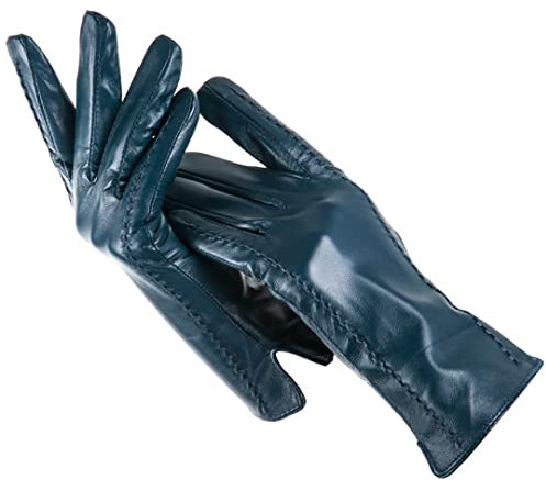 Gestreifte Lederhandschuhe für Damen, bunte Lederhandschuhe, Schaffell Frauen Lederhandschuhe, Mode Fäustlinge Frauen Winter See Blau 8,5