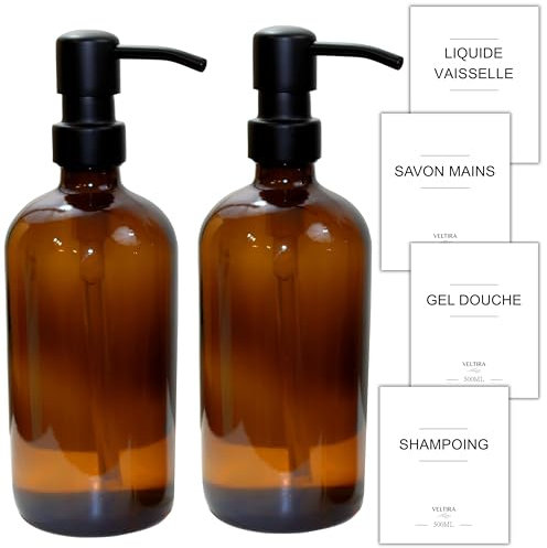 Distributeurs de Savon en Verre - Pack de 2 - Savon Mains - Liquide Vaisselle - Gel Douche - Shampoing - Plateau en Bois, Entonnoir Plastique, Etiquettes - Accessoires Salle de Bain Cuisine (Ambre)