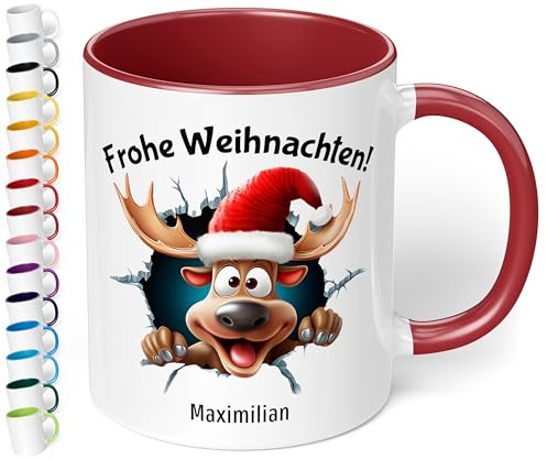 Weihnachtstasse mit Namen personalisiert „Frohe Weihnachten!“ - mit 3D Rentier-Motiv - 330ml Keramik Kaffeebecher mit Spruch – Geschenk zu Weihnachten für Kollegen & Familie (Bordeaux)