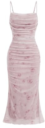 GORGLITTER Women's Summer Floral Ruched Bodycon Midi Dress Sleeveless Mesh Long Cami Cute Dresses Light Pink M