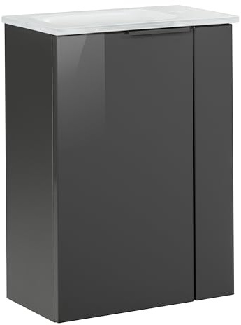 FACKELMANN Luna Gäste-WC Set 2 Teile – Waschtischunterschrank in Anthrazit mit Waschbecken aus Glas in Weiß – SBC Waschbeckenunterschrank schmal – Türanschlag Links – 45 cm breit