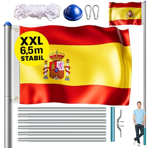 MONZANA® Asta para Bandera 6,5m Aluminio Cuerda para Izar Altura Regulable Telescopica Bandera España Española