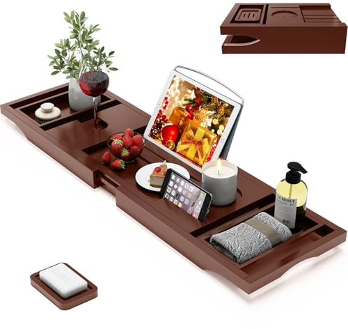 Foldable Bamboo Bathtub Caddy Tray Expandable for Luxury Bath, Bath Accessories & Table with Wine Glass Holder, Book Stand Bathroom Organizer with Extending Sides for Men/Women,Brown