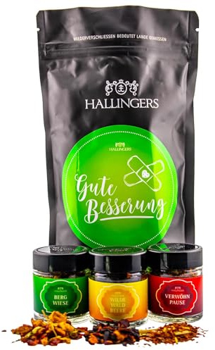 Hallingers Genuss Manufaktur Feinkost Geschenk-Set - wertig in der Wundertüte Gute Besserung kleiner Genesungsgruß mit 3 Tees Kräutertee, Früchtetee & Roibuschtee, Geschenkidee für Frauen Männer
