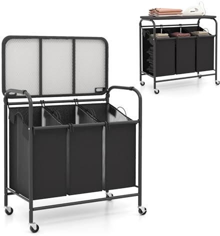 LIFEZEAL Cesto para Ropa Sucia Con 4 Ruedas, Carro Clasificador Con Tabla de Planchar y 3 Bolsas Extraíbles, Cesta de 33 L de 3 Secciones, Organizador para Baño, Lavandería