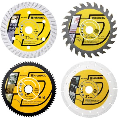 HIGHDRIL 75mm Diamant Trennscheibe 4Stk Von Weichmetall Kupfer Fliesen Holz | 4Stk Kreissägeblatt Satz 75mmxArbor10mm-Diamant/HSS/TCT Trennscheibe zum Schneiden von Weichmetall Kupfer Aluminium Granit