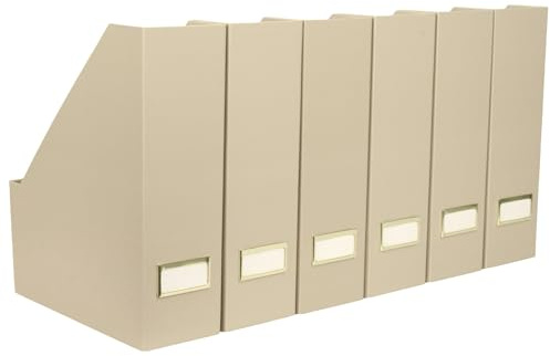 BLU MONACO | Set mit 6 faltbaren Zeitschriftenhaltern mit Etikettenhaltern, vertikaler Aktenordner und Aktenaufbewahrungsboxen für Schreibtisch, Regale und Heimbüro, Taupe