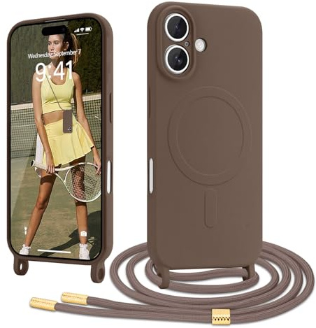 Ethanger Handyband für iPhone 16 Hülle mit Band, Braun | Kompatibel mit Magsafe, Flüssig Silikon Necklace Handyhülle, Magnetische Schutzhülle zum Umhängen Kordel