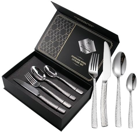 Juego de cubiertos martillados de 24 piezas, acero inoxidable, cuchillo, tenedor, cuchara, juego de cubiertos para 6 personas, modernos cubiertos de plata para casa/restaurante/fiesta