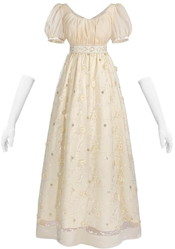 CR ROLECOS Regency Vestido de mujer con cintura imperio de los años 1800, estilo victoriano, vestido de fiesta de té, vestido de baile con guantes, Gold-1449, S