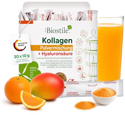 Biostile Kollagen Powder Blend | Collagen Pulver mit 8600 mg | Mit Hyaluronsäure, Vitamin C, Curcumin & Shilajit | 5 Quellen Mix | Kollagen Pulver | 30 Beutel