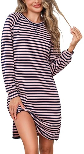 Litherday Chemise de Nuit Femme Coton Manches Longue col Rond Robe de Nuit à Rayé Vêtements de Nuit Allaitement Hiver Nuisette d'Intérieur
