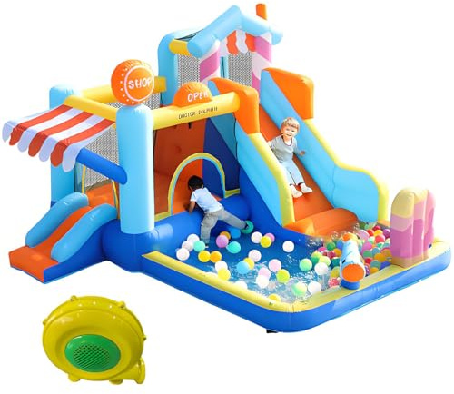Hoppborg För Barn, Multifunktionell Utomhusvattenpark + Studsmatta, Vattenrutschkana, Liten Rutschkana, Fontän, Vattenpistoler, Butiksmarkis, Inkluderar 450w Fläkt