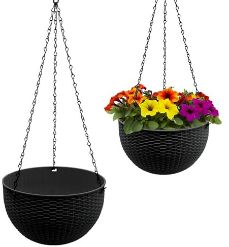 Spetebo Kunststoff Blumenampel anthrazit in Rattan Optik 23 cm - 2er Set | Hängeampel mit Ablauf und Metallkette - Garten Deko Hänge Pflanztopf Pflanzschale Blumenschale Hängetopf Pflanzenhänger