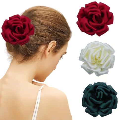 LAOYEFACAI 3 piezas Pinza para el pelo 2 en 1 Accesorio de satén rosa con elegante flor, pinza lateral y pinza en forma de pico de pato para bodas, fiestas y flores para sujetar para mujeres