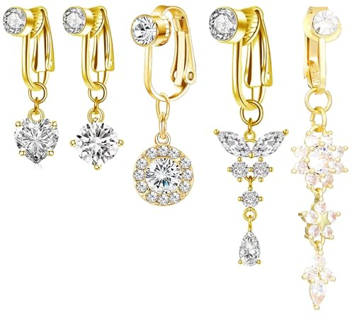 NICENEEDED 5 PCS Faux Piercing Nombril Anneaux de Nombril à Clip Plaqués Or Faux Piercing pour Le Nombril Motif Papillon et Fleur Bijou Non Perçant pour Femme