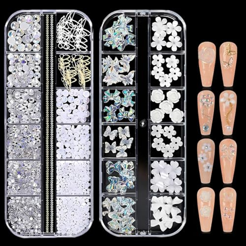 ZORVYN 2 cajas Flor de adorno de uñas, decoración de uñas 3D para decoración de uñas, adornos para uñas 3d nudo,arte de uñas con diamantes de imitación y perlas,bricolaje