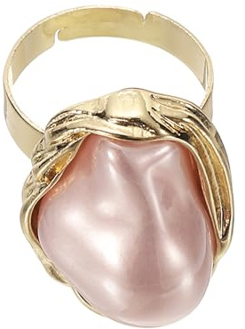 sourcing map Pearl Ring for Women Irregularity Adjustable Faux Pearl Finger Ring Open Vintage Statement Stacking Jewelry, Light Golden, Pink