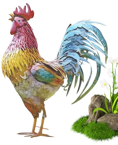 Figura Di Gallo In Metallo Colorato - Decorazione Da Giardino Vintage Con Gallo Con Struttura In Ferro, Statua Di Pollo Resistente Alle Intemperie Per Patio, Prato E Portico, Scultura Da Giardino Fatt
