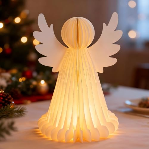 Weihnachtsdeko Papier Engel, Papierengel Weihnachten Mit 20 LED Engel Figur Mit Batteriebetrieben Weihnachtsengel Figuren Beleuchtet Warmweiß Faltbar Waben Deko Weihnachten Papier Deko (Weiß – groß)