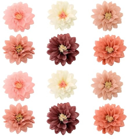 12 Pompones de Papel de Seda en 6 Colores Pastel (30cm) - Decoración de Flores de Papel para Bodas, Fiestas Boho & Cumpleaños - Decoración de Pared