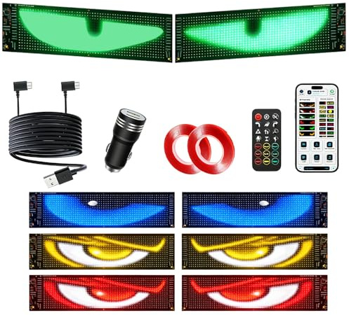 2 Stück Devil Eyes Light for Cars, Led Augen für Auto & LKW, 92 x 374mm, Programmierbare Flexible Led Matrix Panel, Bluetooth APP-Steuerung & Fernbedienung, Personalisiert für Auto, LKW, Party