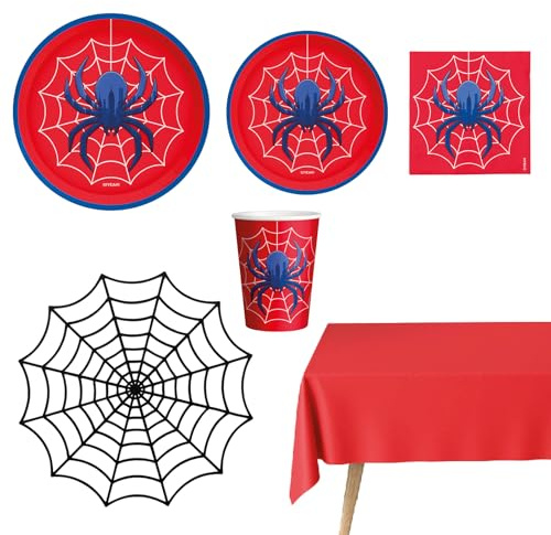 OH YEAH - Kit Vajilla Desechable 12 Personas Fiesta Spider - 78 piezas - Platos, Vasos, Servilletas - Decoración Mesa Cumpleaños Infantil - Diseño Rojo con Arañas - Celebraciones y Fiestas Temáticas