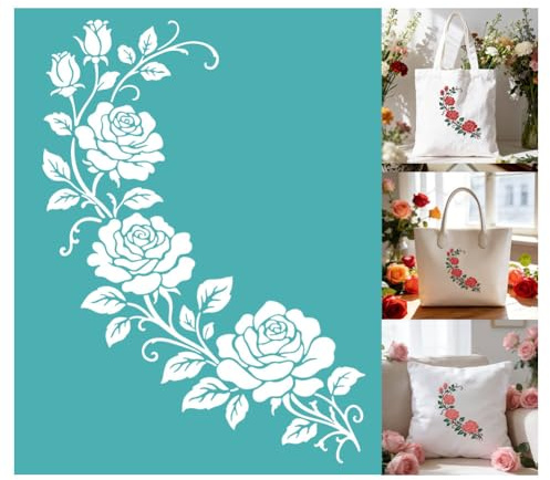 GOMAKERER 2 Blatt Rosenranken Siebdruckschablone Selbstklebende Siebdruckschablone Mit Vintage Blumenbordüre Wiederverwendbare Netzschablone Zum Bemalen von Holz T Shirt Heimwerken