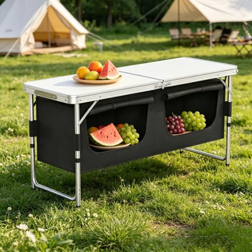 Suusolny Faltbare Campingküche höhenverstellbar, Stabiler Campingschrank mit Aluminiumgestell & Windschutz, 2 Fächer Stauraum, 120 x 47 cm MDF Arbeitsplatte, 54/62 cm Höhe verstellbar, Typ C
