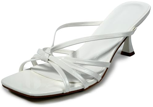 MISSCAI Sandalias Mujer Verano Tacón Elegantes Sandalias de Tiras Finas Efecto Charol Mules Mujer Punta Cuadrada Tacón 7,5 cm Zapatos Chic para Boda Fiesta Ceremonia Blanco 38